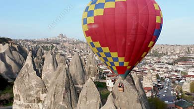 Colourful Red Blue Yellow Colours Hot Air Baloons Aerial Drone Flight. The great tourist attraction of Cappadocia