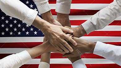 Stack of human hands over animated waving USA or American flag. Concept of union
