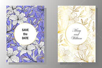 Set of card with flowers, lily, leaves. Wedding blue and gold concept. Vector illustration eps10.