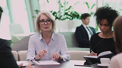 Confident professional mature businesswoman coach mentor teach diverse team people