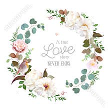 Blush pink antique rose, creamy white peony, pale camellia flowers