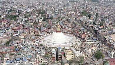 Nepal, Kathmandu. Boudhanath stupa. Aerial footage