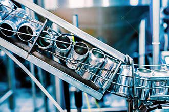 Conveyor belt with tin beer cans. Technology of automated beer production.