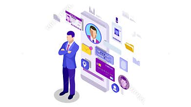 Isometric Personal Data Information App, Identity Private Concept. Digital data Secure Banner. Biometrics technology for