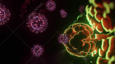 Graphic illustration of coronavirus cells connecting with a person\'s immune system