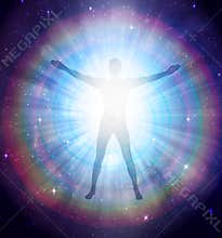 Man universe, meditation, healing, human body energy beams