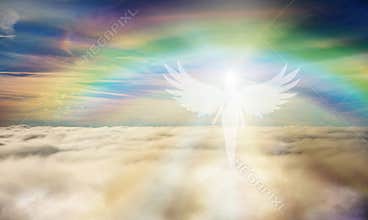 Spiritual guidance, Angel of light and love doing a miracle on sky, rainbow angelic wings