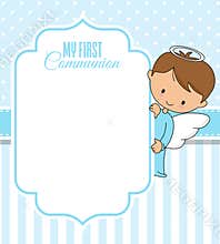 Communion or baptism card. Angel with frame