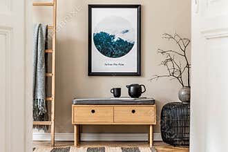 Scandinavian wooden bench with stylish accessories. Japandi interior design style.