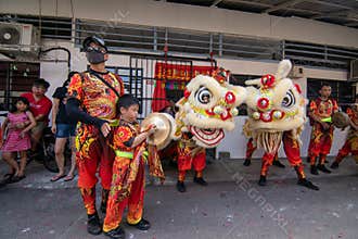Dragon dance perform at chinese house.