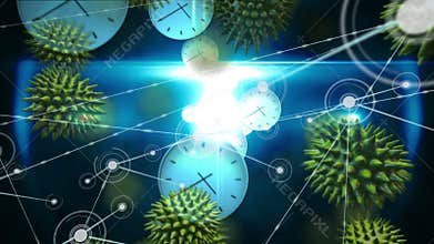 Animation of macro virus and coronavirus Covid-19 cells spreading over moving clock and a netwrok of