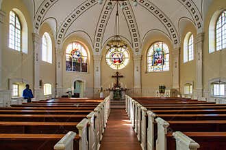 Swakopmund, Namibia - Jul 11, 2019: The German Evangelical Lutheran Church Swakopmund on the Atlantic Coast of Namibia