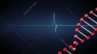 Animation of a  DNA strand rotating with heart beat rate monitor scanning in the background
