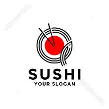 Japanese Sushi Seafood logo design vector, Chopstick and Bowl template, food and beverages illustration