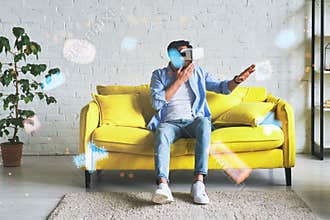 Men in VR headset having first augment reality experience