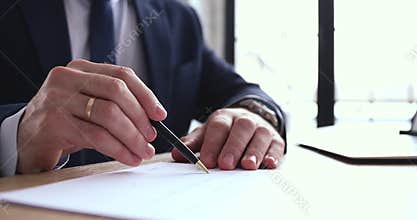 Businessman checking, signing legal document concept, close up view