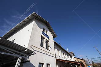 Main building of Brno Dolni Nadrazi, with the name of the station in Czech, meaning `lower station`.