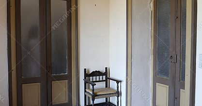 Woman ghost with white dress walking in old house room