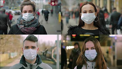 Women and man in masks. Multiscreen montage, split screen collage. Coronavirus, covid-2019 concept