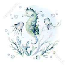 Set of sea animals. Blue watercolor ocean fish, turtle, sea horse whale and coral. Shell aquarium background. Nautical