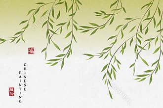 Chinese ink painting art background plant elegant willow. Chinese translation : Plant and Blessing