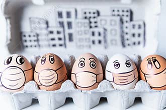 Diverse chicken eggs with doodle faces wearing medical masks with a city skyline on background