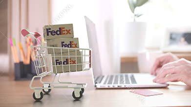 Many cartons with FEDEX logo in shopping trolley near customer with laptop. Editorial online shopping from home 3D