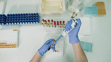 Plasma is getting poured into glass tubes by a lab worker
