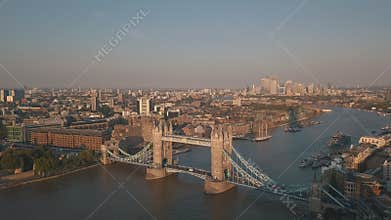 AERIAL: Flight towards The Shard, London Skyline at Sunshine