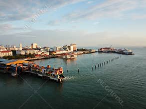 Aerial Panoramic view of ferry leaving the terminal.