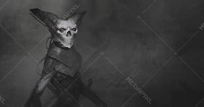 Moving painting of skull headed space alien warrior creature with sci-fi gun for a hand creeping across an abstract environment -