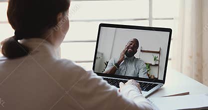 Diverse distance workers or friends communicating in virtual webcam chat