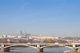 Panorama of the Old Town of Prague, Czech Republic, with a focus on Jiraskuv Most bridge and the Prague Castle Hrad Praha