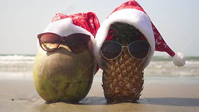 Coconut and pineapple on the sea beach celebrate Christmas or New Year