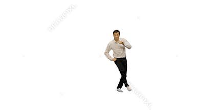Excited office worker break dancing alone on white background.
