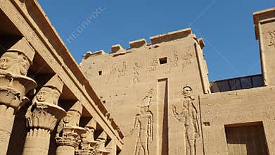 Aswan Philae temble entrance with Hathor columns Egypt landmark temple site