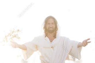 Jesus Christ Smiles From Heaven with Arms outstretched  in Light