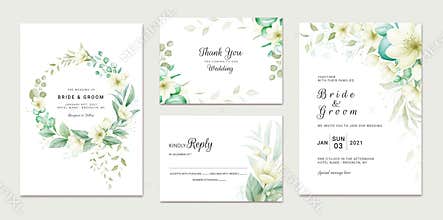 Wedding invitation template set with soft watercolor floral frame and border decoration. Botanic illustration for card composition