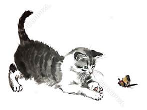 Oriental style painting of cat.
