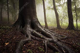 Roots of a tree in a misty forest