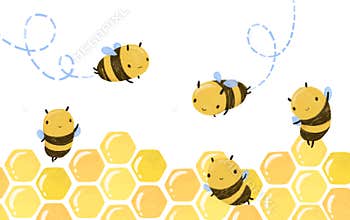 Cute Honey Bee with flight lines and comb, and outline flowers