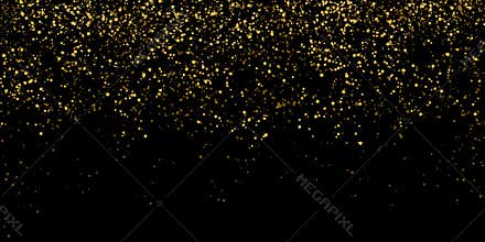 Golden confetti isolated on black background clipping path with bright festive tinsel of gold color for Christmas, new year
