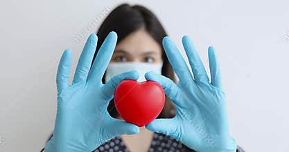 Closeup view cardiologist female hands in medical gloves holds heart