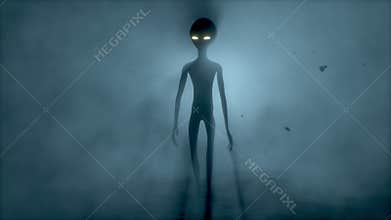 Scary gray alien stands and looks blinking on a dark smoky background. UFO futuristic concept. 3D rendering.