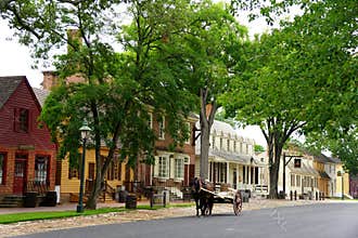 Williamsburg, Virginia - June 30, 2020 - The view of the street with a horse carriage
