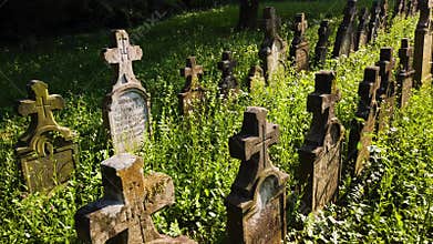 German 1st world war heroes cemetery in an old village Hungary / Europe. Walk among the religious tombstones, graves, graveyards.