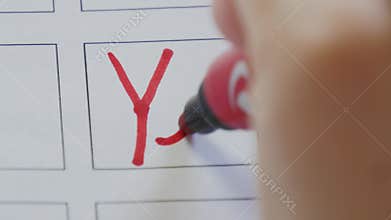 Close up hand writes yes word in vote checkbox. Education and democracy concept