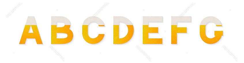 Letters A, B, C, D, E, F, G made of beer, bubbles and foam isolated on white. Creative Oktoberfest vector alphabet. Sans serif