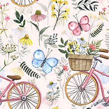 Watercolor spring or summer flowers and bicycle seamless pattern. Cute botanical print, blooming meadow illustration with bike