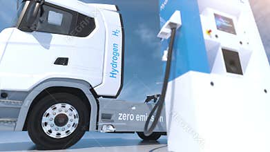 Hydrogen logo on gas stations fuel dispenser. h2 combustion Truck engine for emission free ecofriendly transport